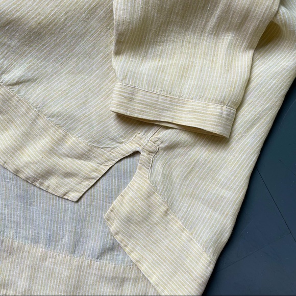 100% Linen Top Minimalist Large Buttery Yellow White Striped Casual Blouse Shirt - Picture 8 of 9